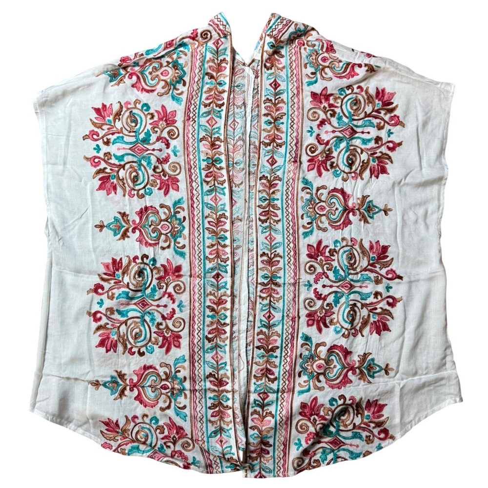 Umgee USA Women Embroidered‎ Boho Kimono Wrap Cream Teal Floral S/M G1299